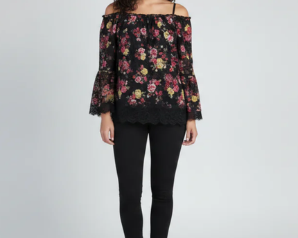 No Boundaries Black Floral Lace Bell Sleeve Off-the-Shoulder Top