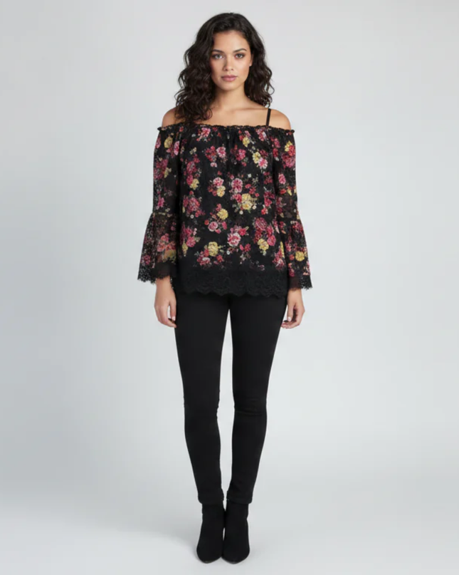 No Boundaries Black Floral Lace Bell Sleeve Off-the-Shoulder Top
