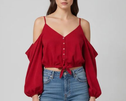 Divided Red Cold Shoulder Button-Front Tie-Hem Crop Top