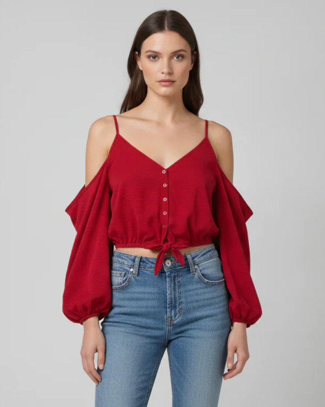 Divided Red Cold Shoulder Button-Front Tie-Hem Crop Top