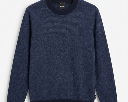 Boss Navy Blue Textured Knit Crew Neck Sweater