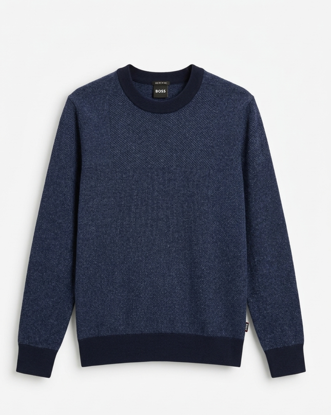 Boss Navy Blue Textured Knit Crew Neck Sweater
