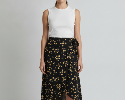 American Eagle Black Floral Wrap Midi Skirt