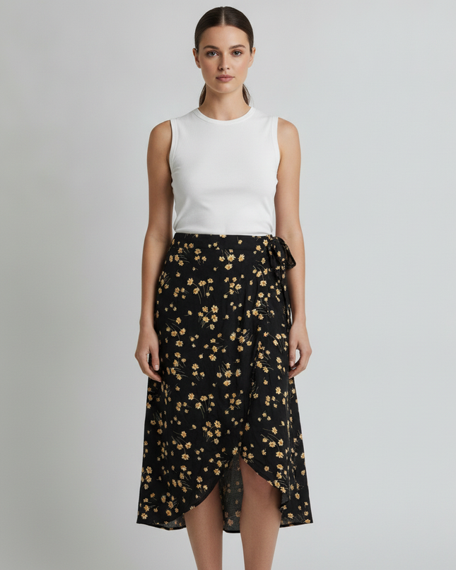 American Eagle Black Floral Wrap Midi Skirt