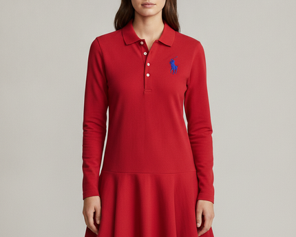 Ralph Lauren Red Girls Long Sleeve Flared Polo Dress