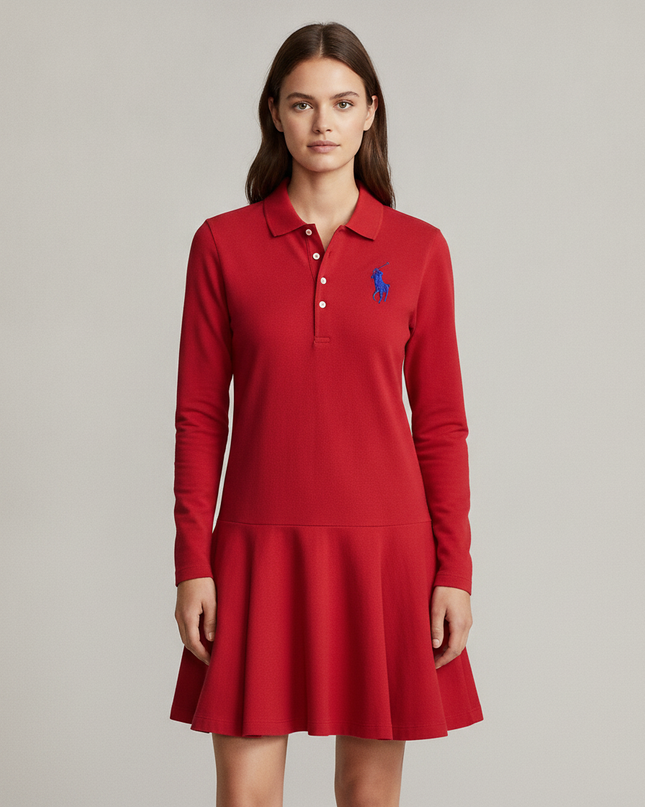 Ralph Lauren Red Girls Long Sleeve Flared Polo Dress