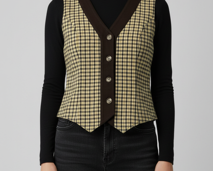 Vintage Checkered Brown & Mustard Pointed Hem Button-Up Vest