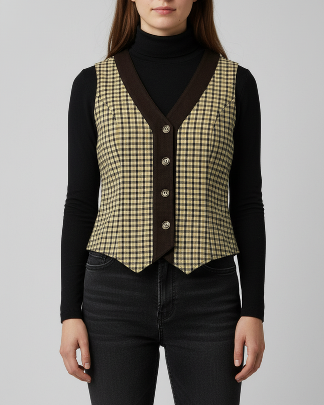 Vintage Checkered Brown & Mustard Pointed Hem Button-Up Vest