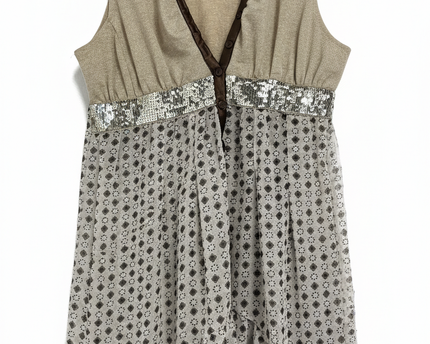 Fracomina Sleeveless Metallic Knit and Sequin Chiffon Mini Dress