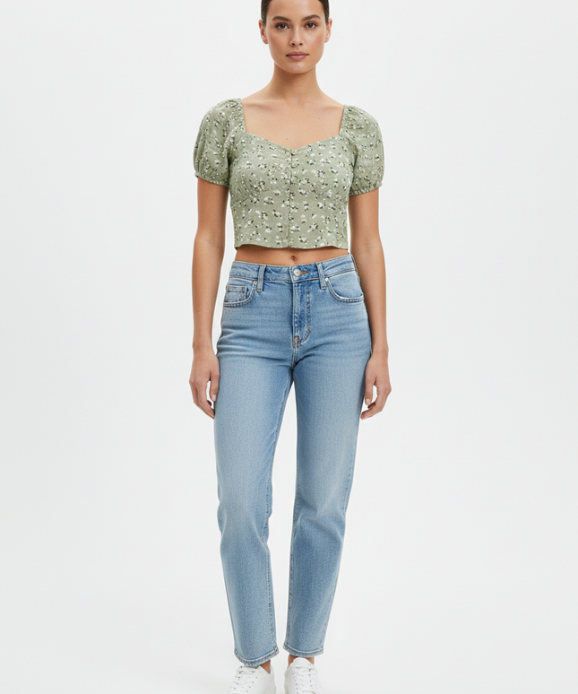 Hollister Green Floral Puffed Sleeve Button-Down Crop Top