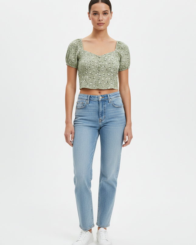 Hollister Green Floral Puffed Sleeve Button-Down Crop Top