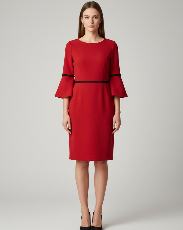Tommy Hilfiger Red Bell Sleeve Sheath Dress with Black Trim