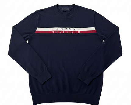 Tommy Hilfiger Navy Blue Logo Stripe Crewneck Sweater