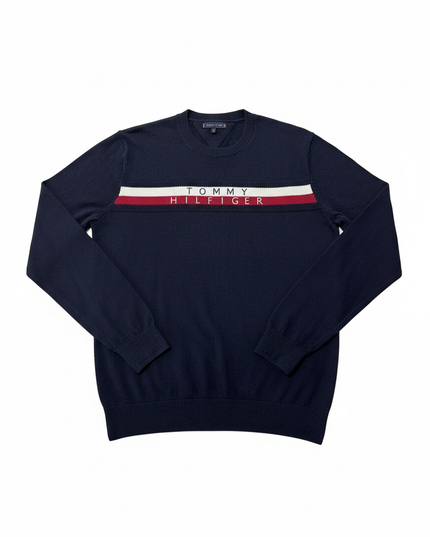 Tommy Hilfiger Navy Blue Logo Stripe Crewneck Sweater
