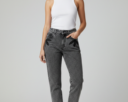 Jokko Grey Acid Wash High-Waisted Applique Denim Jeans