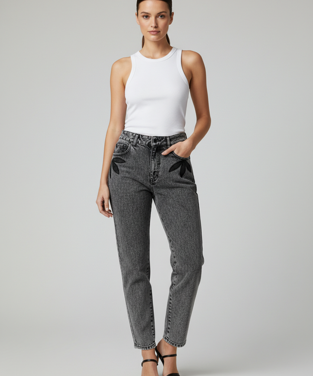 Jokko Grey Acid Wash High-Waisted Applique Denim Jeans