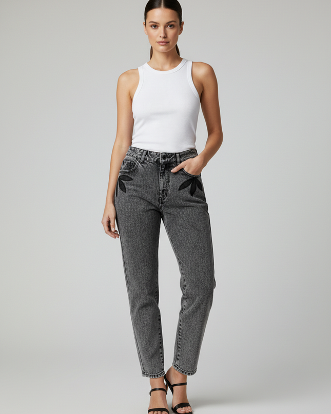 Jokko Grey Acid Wash High-Waisted Applique Denim Jeans
