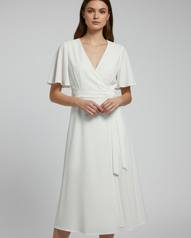 Forever 21 White V-Neck Tie-Front Short Sleeve Midi Dress