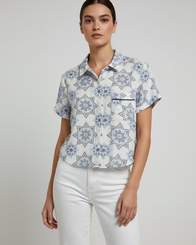 Forever 21 White/Blue Mandala Print Cropped Shirt