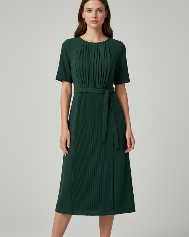 Betty Jackson. Black Green Pleated Midi Dress
