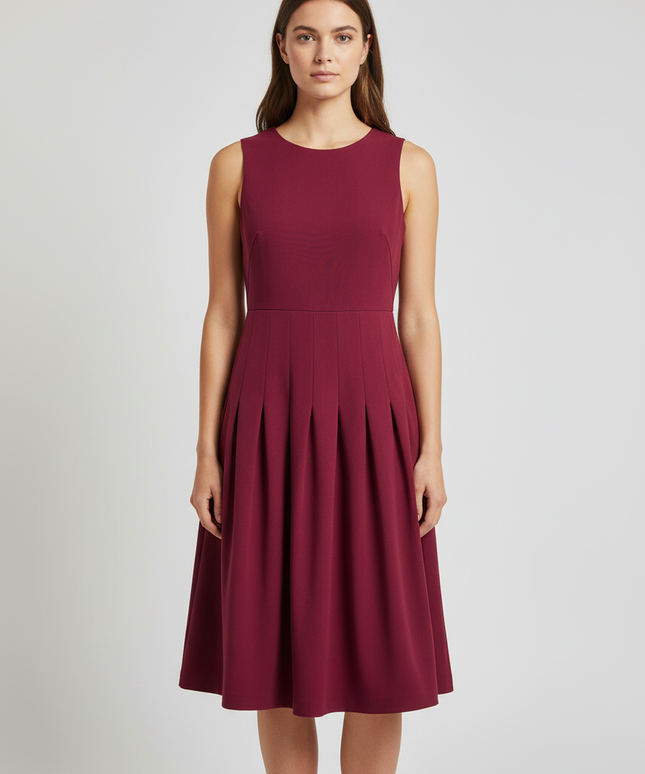 Calvin Klein Burgundy Sleeveless Pleated Fit and Flare Dress