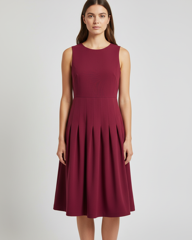 Calvin Klein Burgundy Sleeveless Pleated Fit and Flare Dress