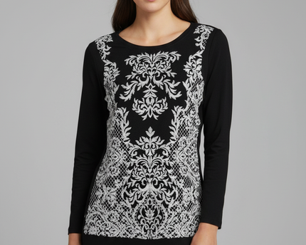 INC International Concepts Black Embroidered 3/4 Sleeve Mesh Top