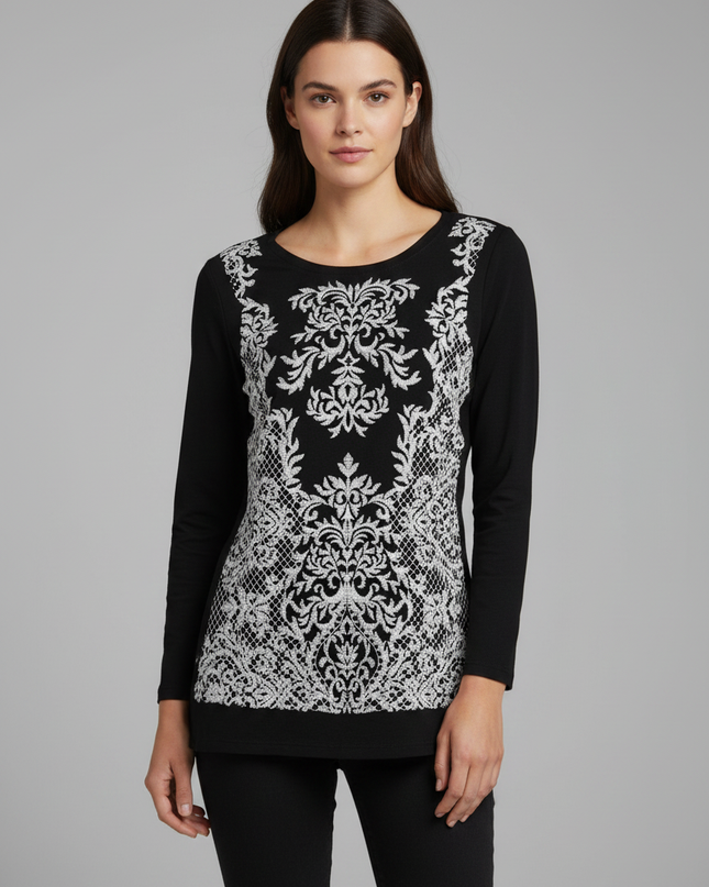 INC International Concepts Black Embroidered 3/4 Sleeve Mesh Top