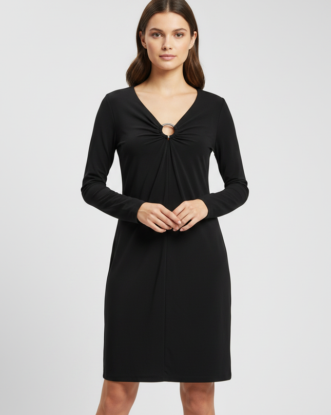 Michael Kors Black Long Sleeve V-Neck Dress with Ring Detail