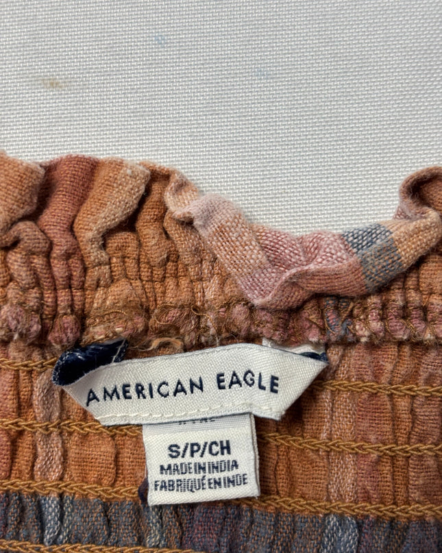 American Eagle Orange Plaid Smocked Peplum Tube Top