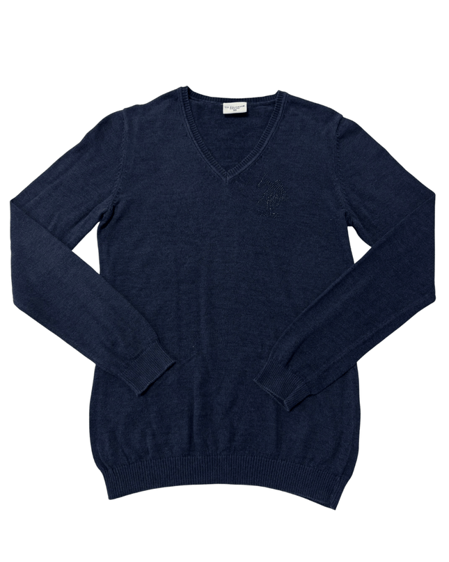 U.S. Polo Assn. Rhinestone Logo V-Neck Navy Blue Knit Sweater