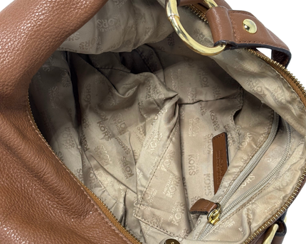 Michael Kors Brown Pebbled Leather MK Logo & Gold Rings Slouchy Hobo Bag