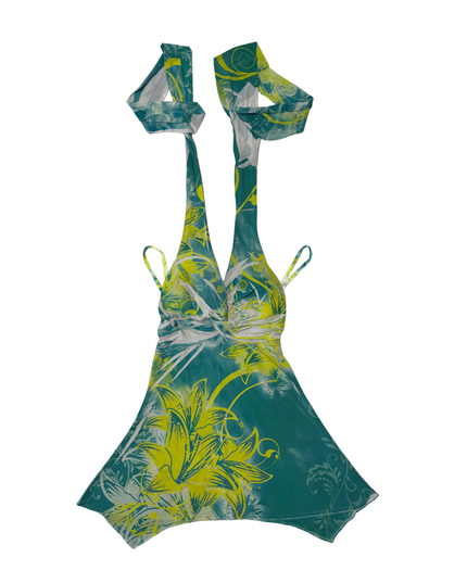 Y2K Floral Rhinestone Teal & Neon Yellow Halter Top – XXS