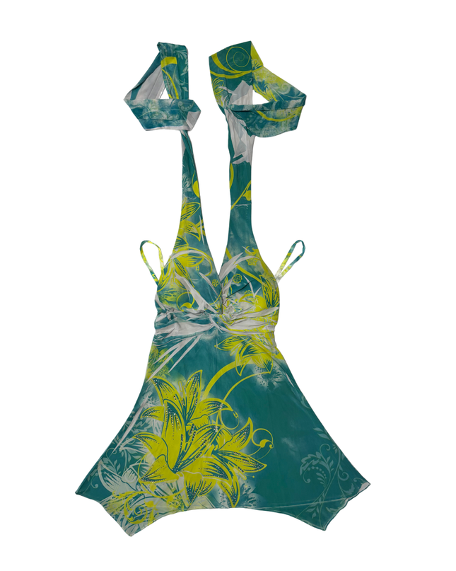 Y2K Floral Rhinestone Teal & Neon Yellow Halter Top – XXS