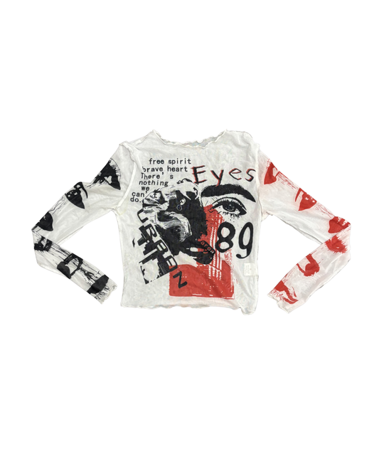 Y2K Sheer Graphic Print Mesh Long Sleeve Top - XXS