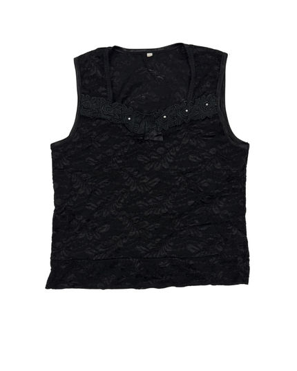 Black Floral Lace Embellished Tank Top - XS