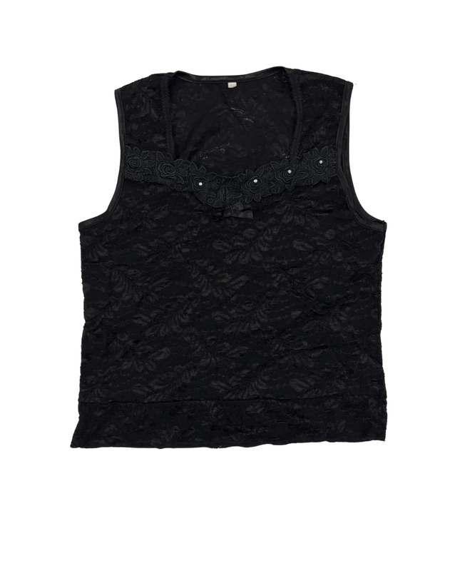 Black Floral Lace Embellished Tank Top - XS