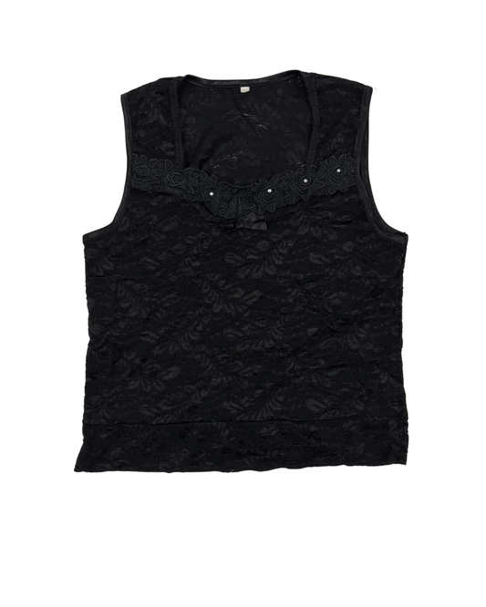Black Floral Lace Embellished Tank Top - XS