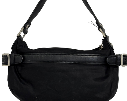 DKNY Vintage Black Nylon Half-Moon Leather Belt Accents Shoulder Bag