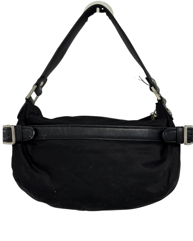 DKNY Vintage Black Nylon Half-Moon Leather Belt Accents Shoulder Bag