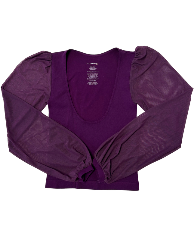 Free People Sheer Mesh Puff Sleeves Purple Ribbed Top