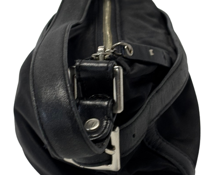 DKNY Vintage Black Nylon Half-Moon Leather Belt Accents Shoulder Bag