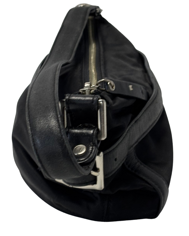 DKNY Vintage Black Nylon Half-Moon Leather Belt Accents Shoulder Bag