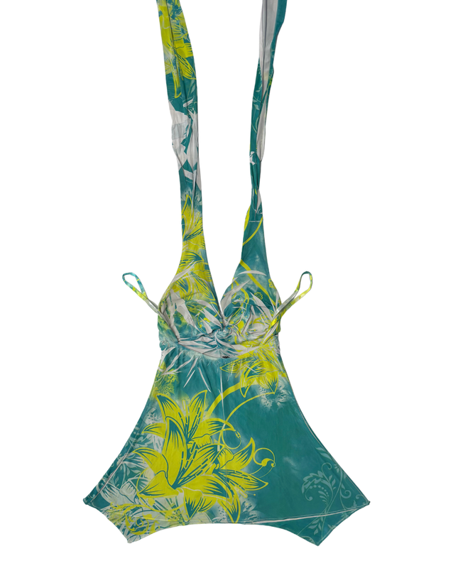 Y2K Floral Rhinestone Teal & Neon Yellow Halter Top – XXS