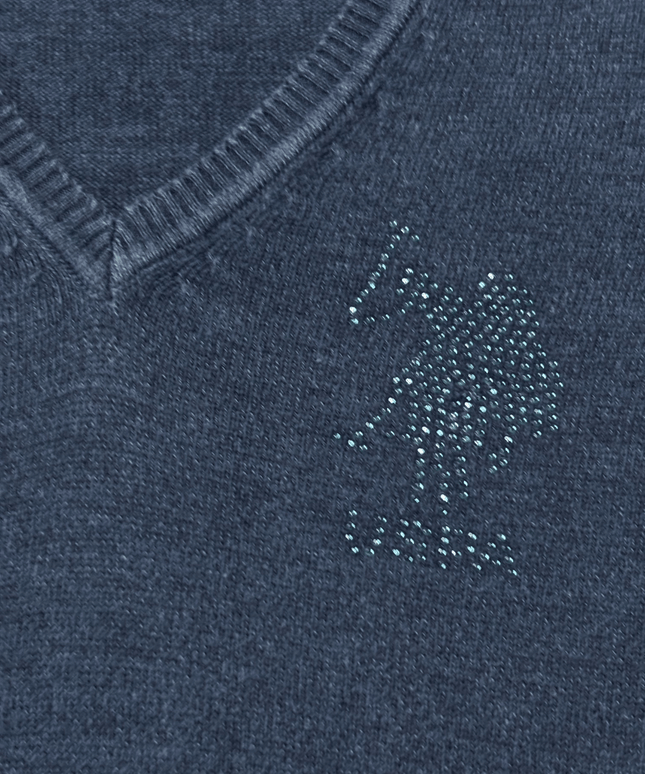 U.S. Polo Assn. Rhinestone Logo V-Neck Navy Blue Knit Sweater