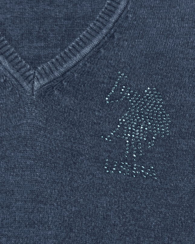 U.S. Polo Assn. Rhinestone Logo V-Neck Navy Blue Knit Sweater