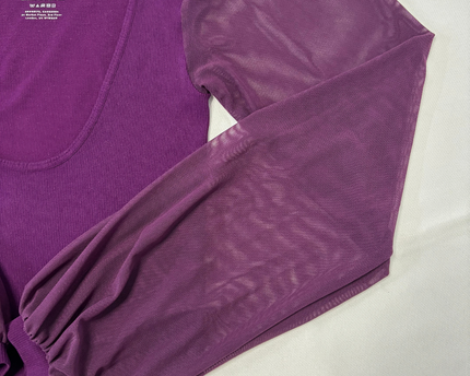 Free People Sheer Mesh Puff Sleeves Purple Ribbed Top