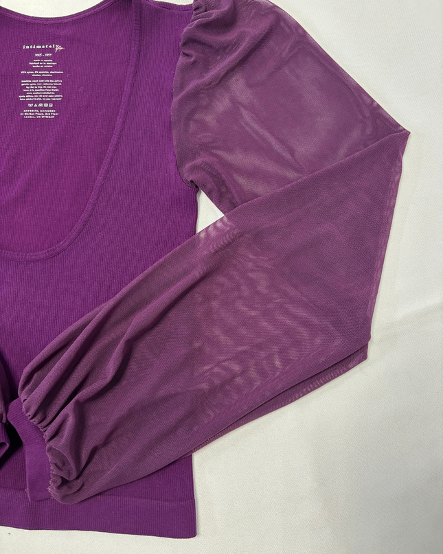 Free People Sheer Mesh Puff Sleeves Purple Ribbed Top