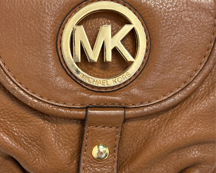 Michael Kors Brown Pebbled Leather MK Logo & Gold Rings Slouchy Hobo Bag