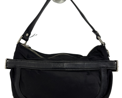 DKNY Vintage Black Nylon Half-Moon Leather Belt Accents Shoulder Bag